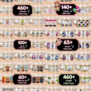 Puede incluir: Una colecci&oacute;n de vasos Libby de vidrio con varios dise&ntilde;os, incluyendo animales, profesores, libros y temas de la jungla. Cada vaso tiene una tapa de bamb&uacute;. El texto en la imagen incluye "460+ Animals Libby Cups", "140+ Teacher Libby Cups" y "65+ Mother Libby Cups".