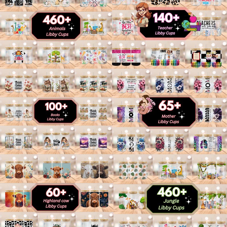 Puede incluir: Una colecci&oacute;n de vasos Libby de vidrio con varios dise&ntilde;os, incluyendo animales, profesores, libros y temas de la jungla. Cada vaso tiene una tapa de bamb&uacute;. El texto en la imagen incluye "460+ Animals Libby Cups", "140+ Teacher Libby Cups" y "65+ Mother Libby Cups".