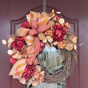 Burgundy Peony Wreath: Year-Round Grapevine Door Decor with Luxury Ribbon