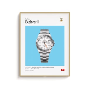 Poster Rolex Explorer II, stampa artistica in francese e inglese, illustrazione dell&#39;orologio Rolex, regalo ideale per gli appassionati di orologi.