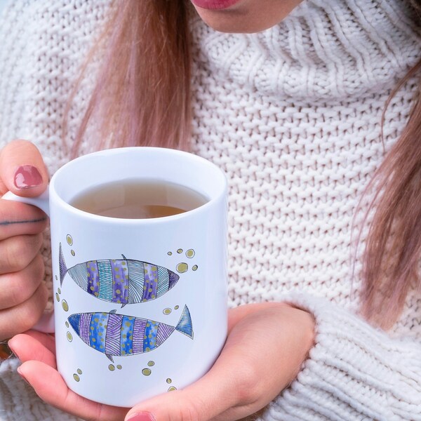 Tasse en céramique Klimt Fish Design, tasse à café cadeau d’art, verres à thé, émail de camping, tasse d’amitié, cadeaux d’anniversaire, pour lui et elle