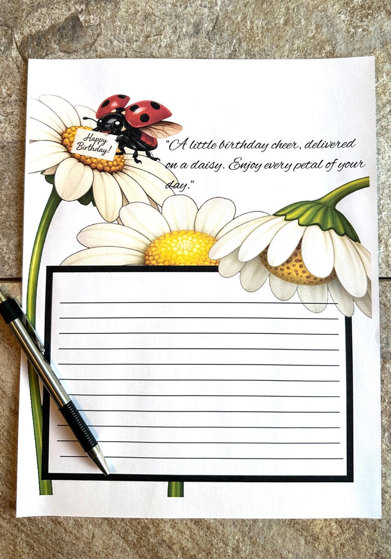 Happy Birthday Daisy Stationery Printable - Ladybug With Birthday Sign ...