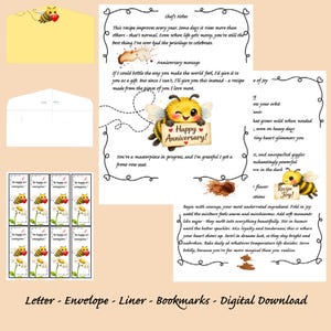 May include: A digital download set featuring a letter, envelope, envelope liner, and bookmarks. The stationery includes illustrations of bees, daisies, and heart motifs, with text titled Chef's Notes and Recipe Joy, featuring a Happy Anniversary message.