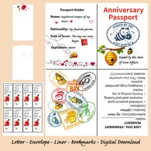 May include: A digital download set featuring an Anniversary Passport, envelope liner, and bookmarks. The passport includes bee-themed graphics, red hearts, and text fields for names and dates. The bookmarks display red roses and bee illustrations.