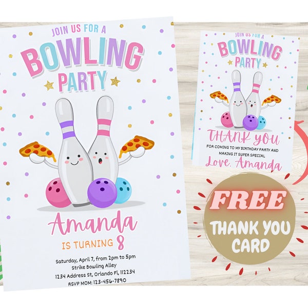 Bowling Party Invitation With Thank You Card Included, Editable Bowling Birthday Invitation, Kids Bowling Invitation, Bowling Birthday Party