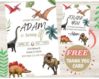 Faire-part d'anniversaire modifiable dinosaure avec carte de remerciement incluse, modèle, faire-part d'anniversaire dinosaure, fête dinosaure modifiable