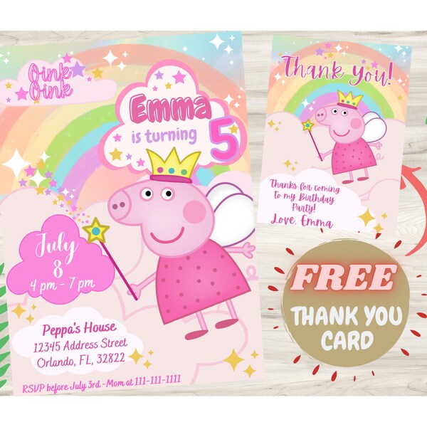 Printable Invitation Peppa Pig Birthday Invitation, Thank You Card Included, Editable Peppa Pig Birthday Invitation, Girl Kids Invite, Bday