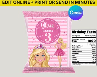 Envoltura de etiqueta de bolsa de chip editable fiesta de cumpleaños de Barbie rosa imprimible, plantilla de bolsa de chip BDay Descarga instantánea de archivo PDF, favores de fiesta de Barbie