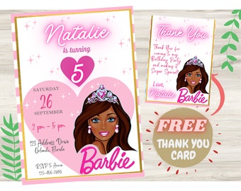 Faire-part Barbie modifiable, carte de remerciement incluse, fête d'anniversaire de poupée rose, fête Barbie, invitation numérique Barbie, modèle imprimable