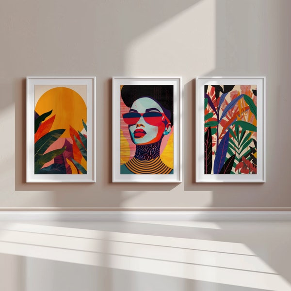 Funky Mood | Retro Funky Wall Art Set of 3 | Vibrant Colors Pop Art House Decor| Woman Portrait Prints | Printable Art | Digital Download