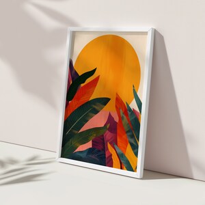 Dschungel Sonnenuntergang | Retro minimalistische Wandkunst | Trendige bunte Vintage Blumenkunst Hausdekor | Druckbare Kunst | Digitaler Download
