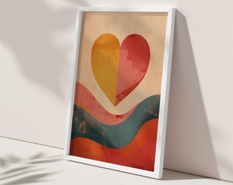 Warm Heart | Retro Minimalist Love Wall Art | Trendy Warm Colors Decor | Vintage Abstract Quote Art | Printable Art | Digital Download