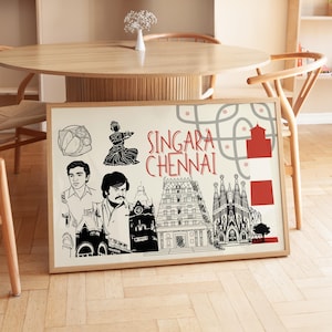 Chennai illustriertes Plakat, Indien-Reise-Druck, Südindien Wandkunst, Desi-Dekor, Chennai-Reisegeschenk, asiatische Stadt-Druck, Indien-Reisekunst