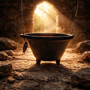 May include: A dark, cast-iron cauldron with three short legs, suspended by wires. A small bird charm hangs from the rim. The cauldron is set against a stone archway with sunlight streaming through, creating a mystical atmosphere.