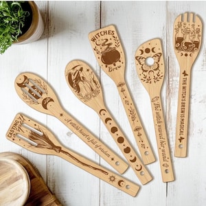 May include: A set of five bamboo kitchen utensils featuring laser-engraved designs including a cauldron with the text Witches Brew, a witch, a butterfly, potion bottles with the text The witch's brew is magical, and a broom with Casting a spell.