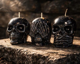 Set of 3 Skull Candles, See Hear Speak No Evil, Gothic Decor, Protection Rituals