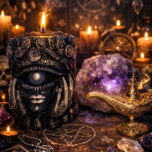 Op de afbeelding: Een brandende zwarte kaars met een oogontwerp, een gouden lamp en een groot amethistkristal staan op een donkere ondergrond. Andere kaarsen, kristallen en een pentagram zijn op de achtergrond. De scène roept een mystiek of spiritueel thema op.
