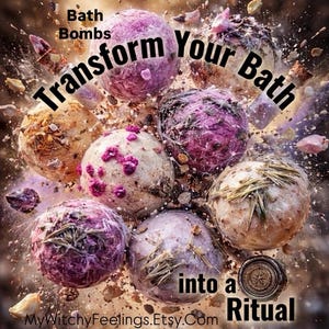 May include: An image featuring several colorful bath bombs with the text "Transform Your Bath into a Ritual." The bath bombs are various shades of purple, pink, and beige, with some appearing to have herbs or flower petals.