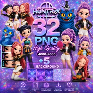 May include: A digital art graphic featuring multiple cartoon figures, a blue cat, and the text "HUNTRA 32 PNG High Quality 4000x4000 +5 BACKGROUND". The image has a purple and pink color scheme with a sparkling background.