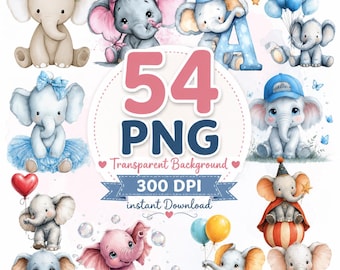 54 Watercolor Baby Elephant PNG Clipart, Nursery Animal Sublimation Designs (Digital Download)