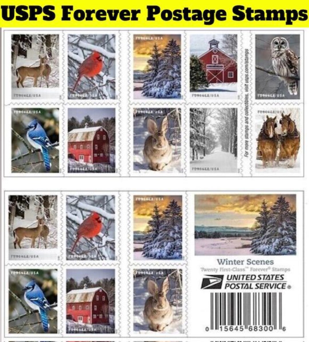 Rustic Stamps Winter Scenes Postage Holiday Rustic Forever Stamps bird, Owl, Barn ...