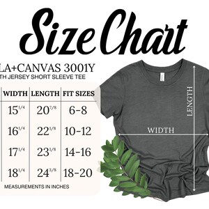 May include: Size chart for youth jersey short sleeve tee, Bella + Canvas 3001Y.  The chart shows sizes YS, YM, YL, and YXL with corresponding width and length measurements in inches and fit sizes.