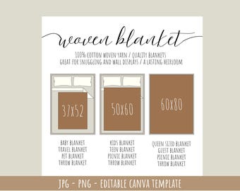 Woven Blanket Size Guide Instant Download Woven Blanket Size Chart Digital Download Woven Blanket Editable In Canva Size Guide Template