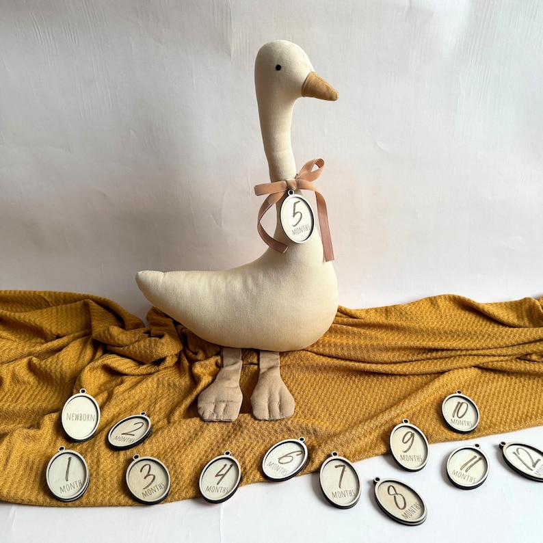 May include: A plush, cream-colored goose toy with a brown beak and feet, adorned with a ribbon holding a tag that reads "5 MONTH". Several wooden tags with months 1-12 and "NEWBORN" are scattered around the goose on a mustard-colored blanket.