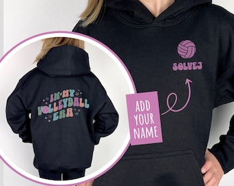 Sudadera con capucha de voleibol, ropa deportiva personalizada, sudadera con nombre personalizado, regalo para jugador, negra, ropa deportiva personalizada para equipo, texto pastel de la era
