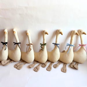 May include: A row of plush geese with cream-colored bodies, long necks, and brown beaks. Each goose wears a different colored ribbon around its neck: black, brown, green, blue, and pink. The geese have beige feet.
