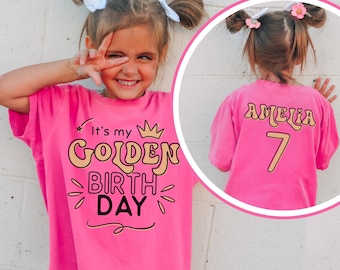 Golden Birthday Tshirt Girl 7 Bday Party Outfit for 7 Year Old Birthday Shirt With Name And Year Golden Birthday Girl Shirt Retro Tee Youth