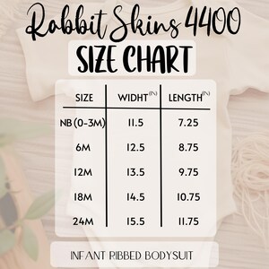 May include: Size chart for infant ribbed bodysuits from Rabbit Skins, showing sizes NB (0-3M) to 24M with corresponding width and length measurements in inches.