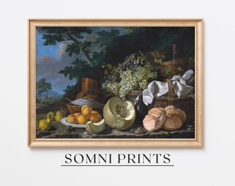 Harvest Still Life Art Print • Rustic Kitchen Wall Art • Vintage Fruit and Bread Art • Gourmet Decor • Somni 7-5