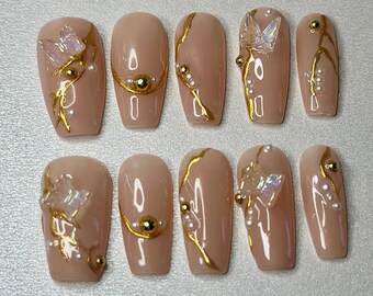 Press on nails Spring Nails Neutral Nails Reusable Press on Nails Gel Nails Butterflies Nails