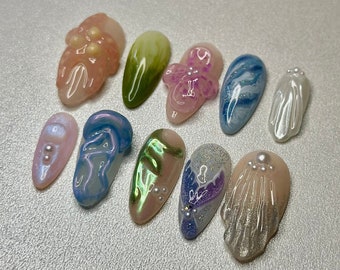 Press on Nails Reusable Nails Ocean Nails Shell Nails 3d Nail Art