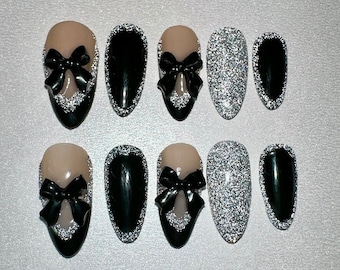 Press on Nails Coquette Almond Nails Black Nails Reflective Nails Glitter Reusable Nail Art