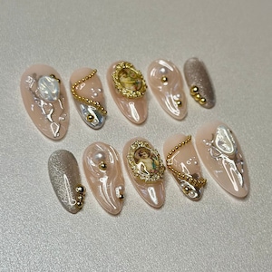 Press on Nails Renaissance Nails Chrome and Cat eye Nails Golden and Silver Nails image 1