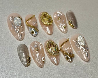 Press on Nails Renaissance Nails Chrome and Cat eye Nails Golden and Silver Nails