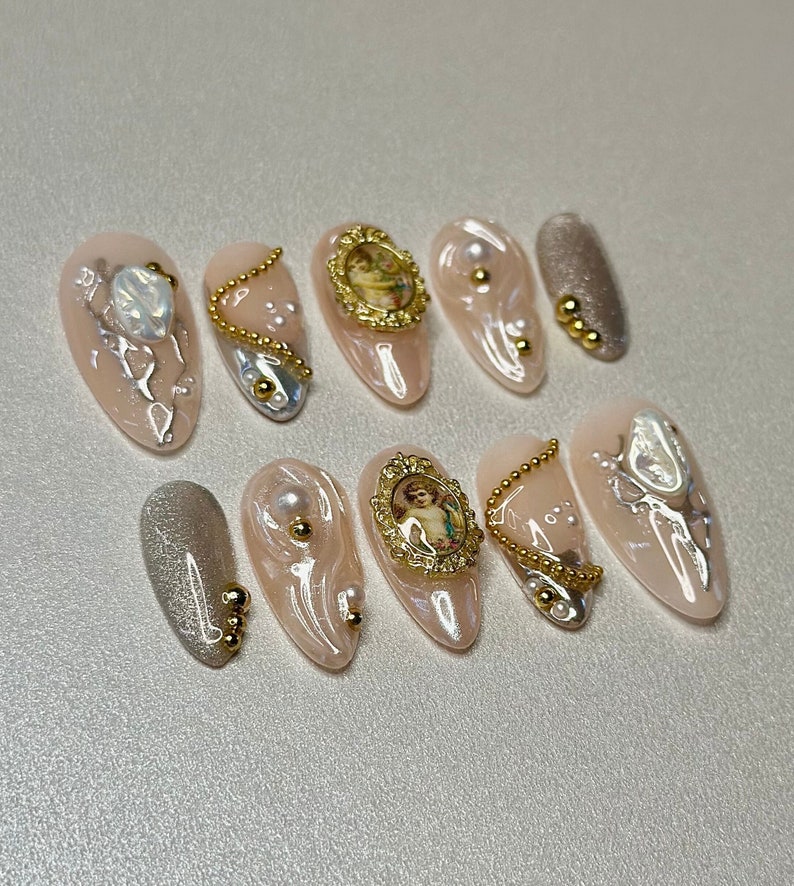Press on Nails Renaissance Nails Chrome and Cat eye Nails Golden and Silver Nails image 1