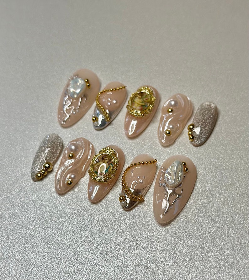 Press on Nails Renaissance Nails Chrome and Cat eye Nails Golden and Silver Nails image 3