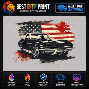 Classic Muscle Car DTF Transfer, Vintage Corvette Patriotic Flag Graphic