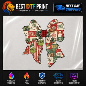 Christmas Movie Bow DTF Transfer, Grinch Home Alone Elf Santa Collage, Vintage Holiday Coquette Design, Ready to Press