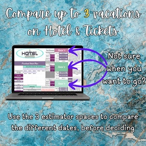 May include: A laptop computer screen displaying a website called "Hotel & Tickets" with a purple and green colour scheme. The website allows users to compare up to three different hotel options and their prices. The text on the screen reads "Compare up to 3 vacations on Hotel & Tickets" and "Not sure when you want to go?"