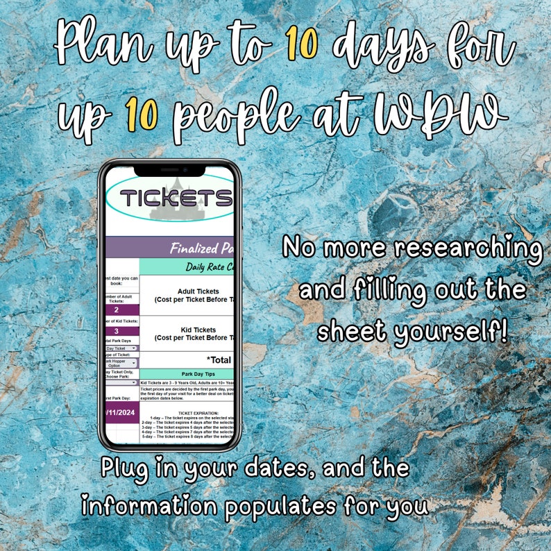 May include: A mobile phone screen displaying a digital ticket planner app for a theme park. The app is called "TICKETS" and has a blue and white colour scheme. The app allows users to plan their trip to the park, including the number of days and people in their group. The app also includes a section for park day tips. The text on the screen reads "Plan up to 10 days for up 10 people at WDW".