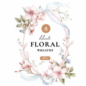Imágenes prediseñadas de corona floral de acuarela, marco ovalado JPG, marcos de imágenes prediseñadas de cinta delicada, borde de boda de rubor rosa, imágenes prediseñadas de marco de arco rosa, borde