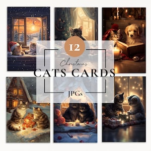 Gatos de Natal, Cartão de Natal fofo com gato, Cartão postal de Natal retrô, Pacote de cartões de felicitações, País das maravilhas do inverno, Cartões retrô de diário de lixo