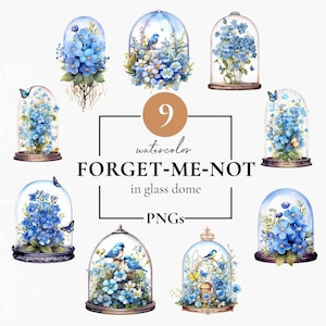 Collection de cliparts ne m'oublie pas, PNG m'oublie pas, fleurs bleues dans un dôme de verre, clipart sympathie, carte DIY, journal indésirable