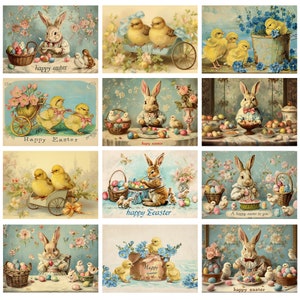 12 Retro Ostern PNG, Frohe Ostern Png, Ostern Grußkarten, Ostern Vintage Postkarte, Osterhase Karte, druckbare Karten, Vintage Bilder