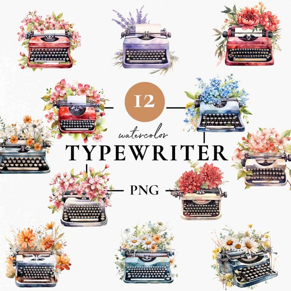 Typewriter PNG, Writing Clipart, 12 High Quality Watercolors, Junk Journal Kit, Vintage Typewriters for Scrapbooking, Bookish PNG, Printable