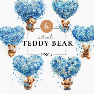 Teddybär PNG, Teddybär Clip Art, Aquarell Teddybär Heißluftballon Clip Art, süßer Bär Clipart, Baby-Dusche-Teddybär-Bundle